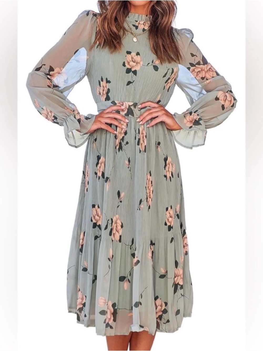 Sage Floral Midi Dress with Blush Rose Print